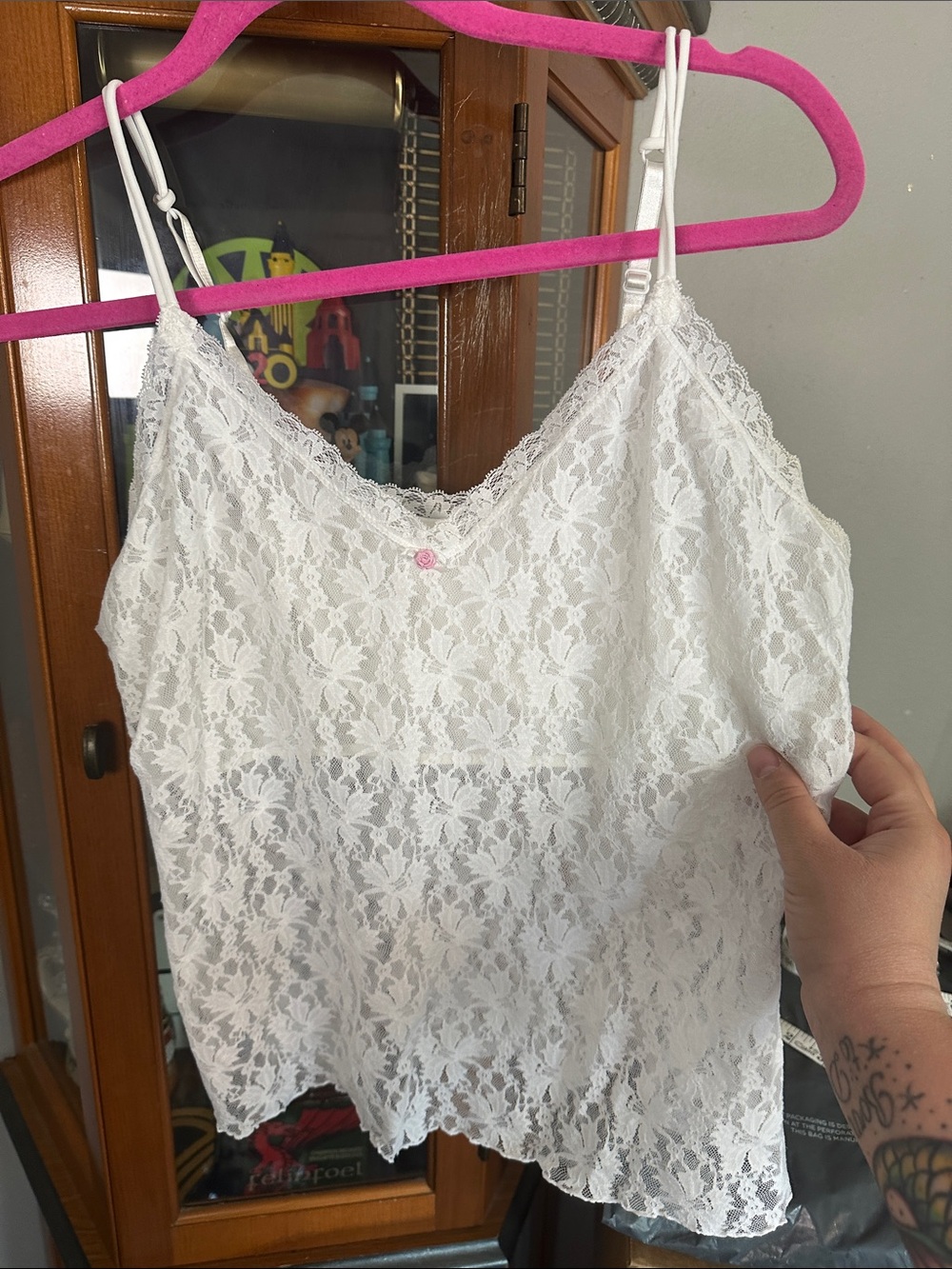 Secret Treasures White Lace Cami with Pink Accent